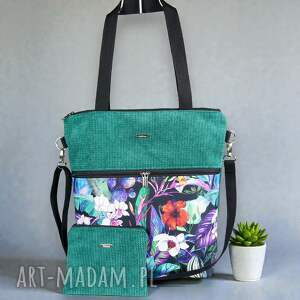 shopperka sztruksowa zieleń kosmetyczka, listonoszka