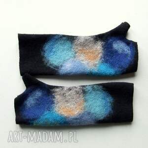 czarne mitenki z niebieskim (rękawiczki bez palców, kolorowe mitenki, filcowane)