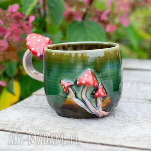 ręcznie zrobione ceramika handmade kubek z muchomorkiem | zielone poszycie | ok 490 ml