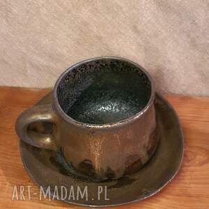 Kamionkowy kubeczek ze spodkiem, ceramika, herbata, spodek