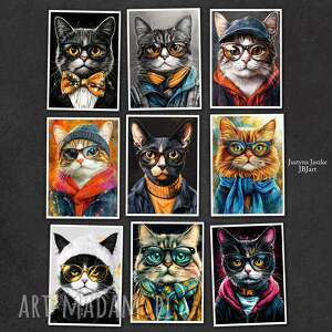 hipsterskie koty nr 1 - zestaw 9 grafik w rozmiarze 13x18 cm, grafiki z kotami