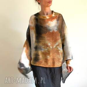 poncho narzutka lniana miód grafit ponczo, tunika len, unikat prezent