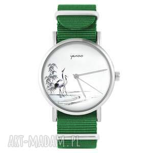 handmade zegarki zegarek - japońskie żurawie - zielony, nylonowy