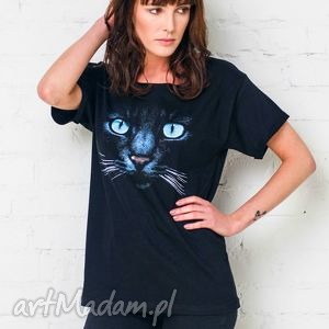 black cat - t-shirt damski oversize koszulka moda, bawełna, casual stylowo