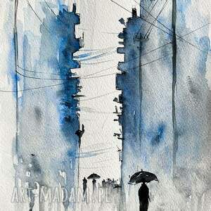 "otuleni deszczem" akwarela z dodatkiem piórka - pejzaż miejski, miasto w deszczu