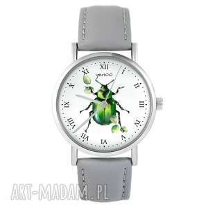 zegarek - zielony żuczek skórzany, szary, pasek chrabąszcz, żuk
