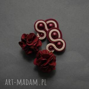 bordowo kremowe klipsy sutasz z kwiatkiem, sznurek, eleganckie