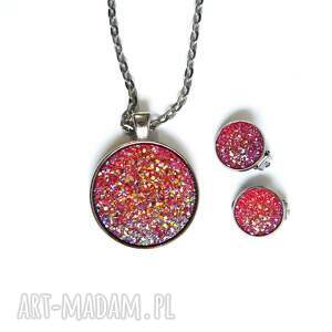 liliarts komplet - druzy różowa landrynka naszyjnik i klipsy, medalion