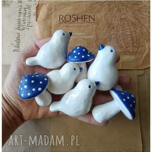 Ceramiczne grzybki i ptaszki - zestaw dekoracji handmade