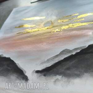 Prezent Akwarela Góry Pejzaż Jezioro Złoto Szlagmetal Metalik Zachód