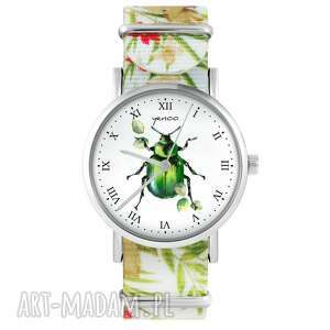 handmade zegarki zegarek - zielony żuczek - kwiaty, nylon, biały