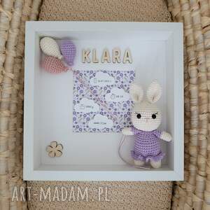 metryczka narodzin dziecka - liliowy króliczek, prezent na narodziny, ramka 3d