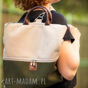 plecak torba 2 w 1 z nubuku tapicerskiego w kolorze beżowym i khaki, z paskami