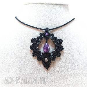 Prezent Czarna Gwiazda ametyst naturalny w makramie ażurowy wisior