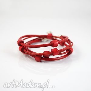 bransoletka - czerwona rzemienie skórzane, owijana, elegancka prezent