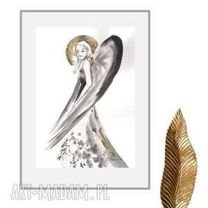 anioł w aureoli - grafika ręcznie malowana i złocona 21cm x 30cm