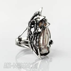 unihorn i - srebrny pierścień z perłą biwa pierścionek wire wrapping