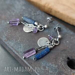 Kolczyki z ametystem i szkłem afgańskim, srebro oksydowane