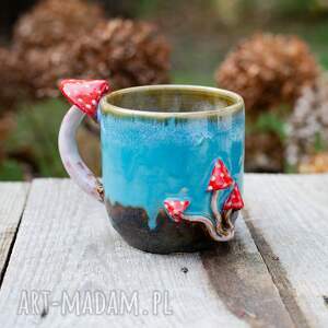 ręczne wykonanie ceramika handmade kubek z muchomorkiem | jesienne zbiory turkus | 500