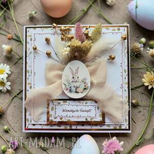 kartka wielkanocna z suszonymi kwiatami beż, kartka na wielkanoc, wesołych