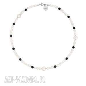 srebrny naszyjnik z pereł naturalnych i onyksu, perły, perełki