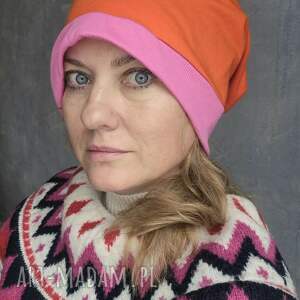 czapka dzianinowa pomarańczowo - różowa smerfetka na podszewce obwód większy więc