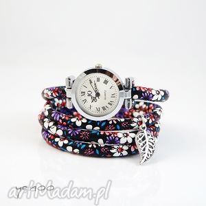 ręcznie wykonane zegarki zegarek, bransoletka - fioletowe kwiaty - owijany