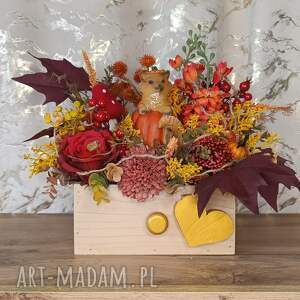 dekoracja jesienna z liskiem stroik na jesień ze światełkami led, dekoracje