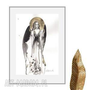 "anioł w aureoli" - grafika ręcznie malowana i złocona 21cm x
