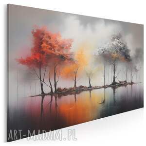obraz do salonu - jesienne drzewa nad jeziorem nastrojowy pejzaż 70x50 cm