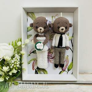 młoda para misie w białej ramce ręcznie robione prezent ślubny obraz, dekoracja