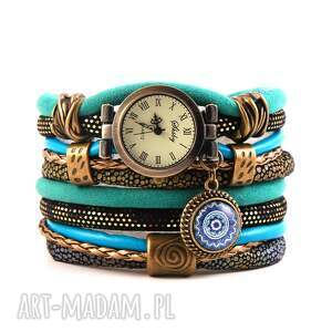 zegarki zgarek - bransoletka owijany w kolorach morskim i czarnym, damski zegarek