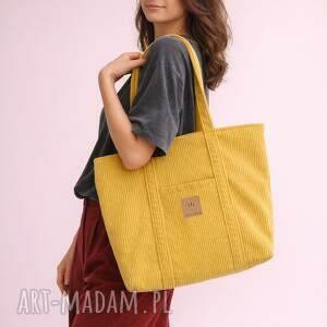 duża sztruksowa torba miejska żółta ramię, shopper