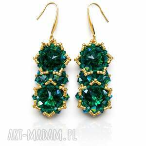 Zielono Złote Wiszące Kolczyki Emerald Maxima z Kryształów Preciosa