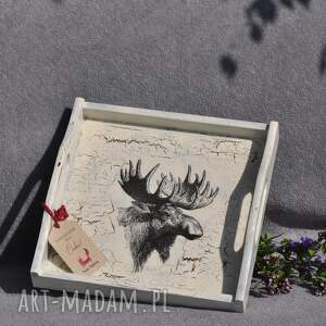 Taca drewniana - zdobiona metodą decoupage, łoś, tacka