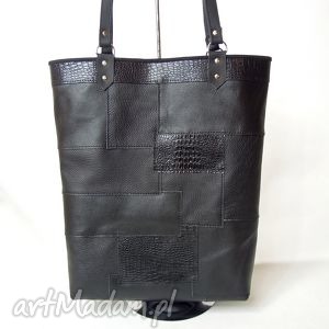 handmade na ramię torba skórzana na ramię zakupowa, A4, czarna