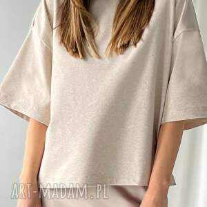 Beżowy t-shirt oversize z bawełny - ręcznie szyta koszulka damska