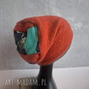 Ciepła czapka pomarańczowo turkusowa góra patchworkowa na podszewce