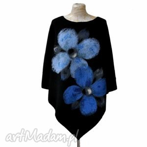 handmade poncho ponczo niebieskie kwiaty