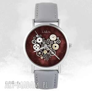 ręczne wykonanie zegarki zegarek - steampunk heart, bordo - szary, skórzany