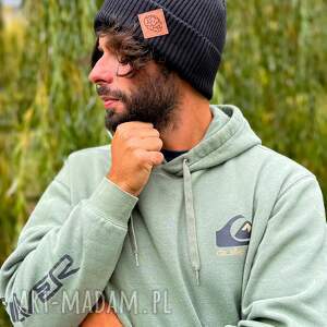 męska bawełniana czapka beanie logo ekoskórka czarna - męska czarna