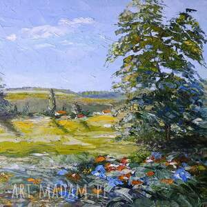 obraz olejny ręcznie malowany szpachlą, strukturalny sielski pejzaż 50x40 cm