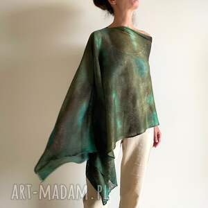 Narzutka lniana zieleń-brąz - poncho one size handmade