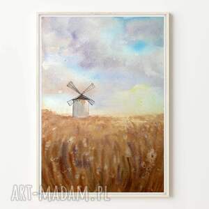 oryginalna akwarela A4 stary młyn, trawy, szuwary, obraz