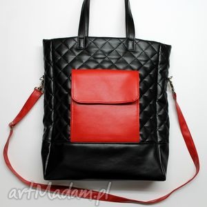 handmade na ramię shopper bag pikowany - czarny i czerwony