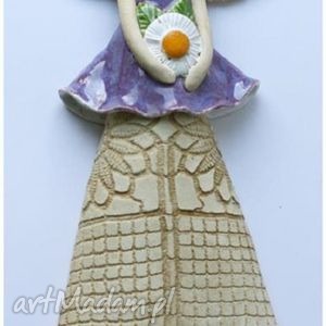 handmade ceramika anioł wiszący z kwiatem