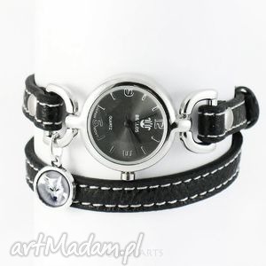 ręcznie wykonane zegarek, bransoletka - biały wilk - czarny