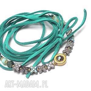 choker 2 w 1 /mint/ flower/ - naszyjnik, srebro pozłacane hematyty rzemień