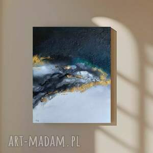 Abstrakcja - ręcznie malowany obraz akrylowy 60x50 cm na płótnie (czarny, złoty, biały)