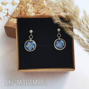 kolczyki z niezapominajką kolor srebrny biżuteria boho, żywicy